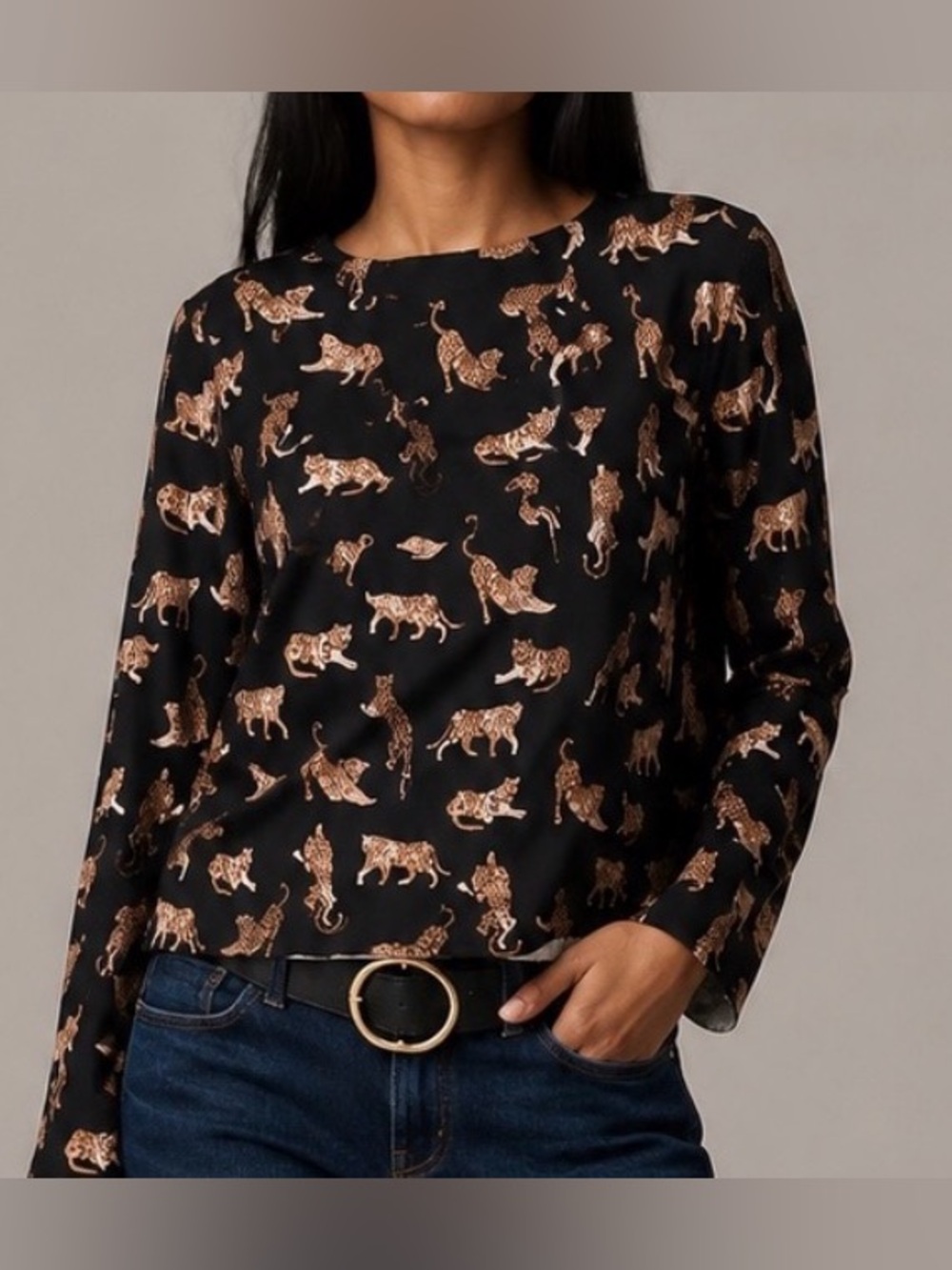 Maeve for Anthropologie Tiger Print Long Sleeve Tee - Black -Medium - like new